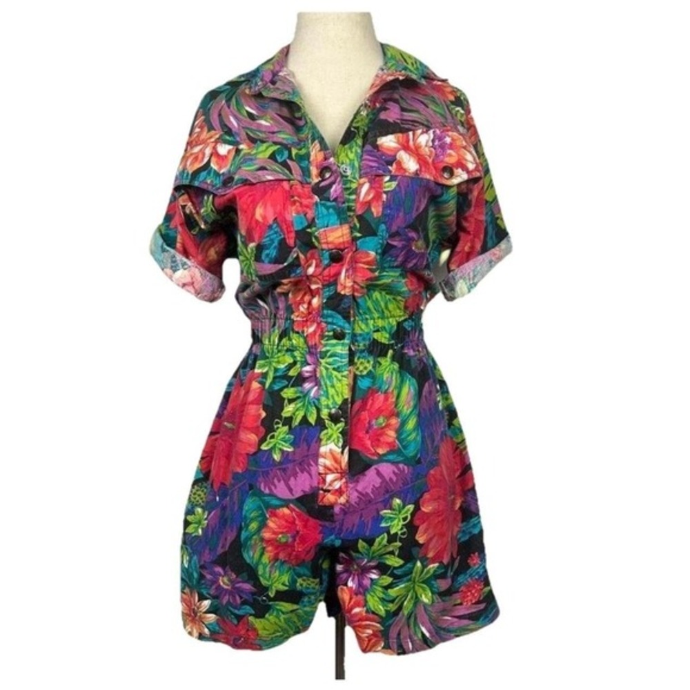Vintage 80s Tropical Floral Romper Size P Retro‎ Beachy Vacation Hawaiian